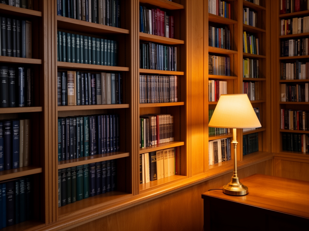 Interior of a calm personal library with floor-to-ceiling wooden bookshelves lined with academic volumes and warm reading lamp illumination
