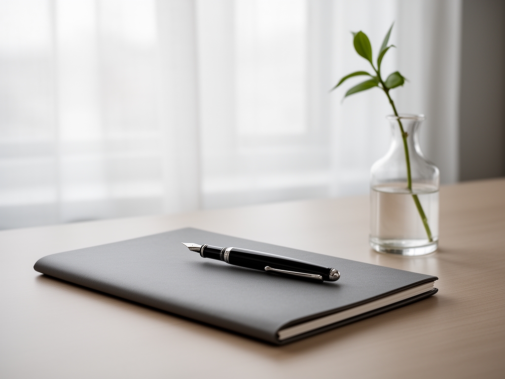 Minimalist writing desk with a closed notebook, a fountain pen laid across it and a single plant stem in a clear glass vase in diffused window light