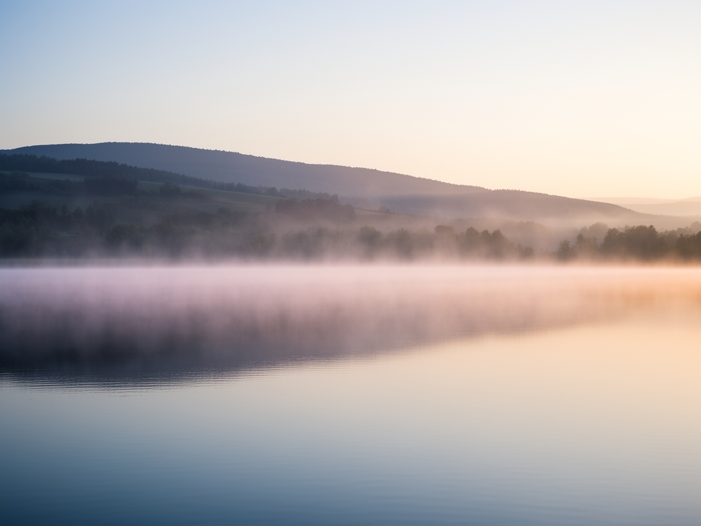Serene early morning landscape with soft mist over calm water and distant hills bathed in gentle dawn light