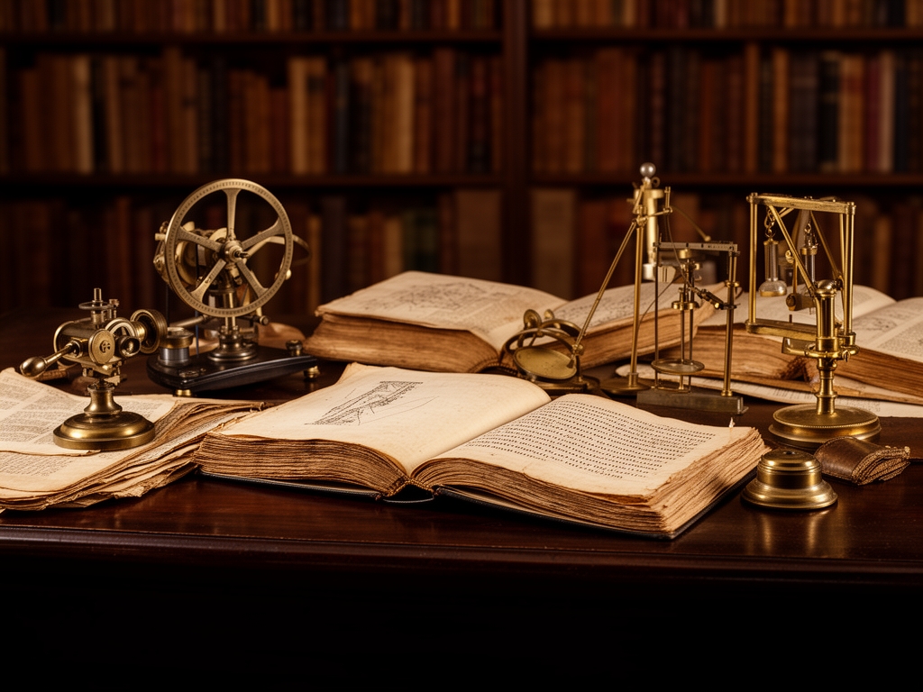 Antique scientific instruments and aged open manuscripts on a dark wooden table in a warmly lit library setting evoking historical scholarship