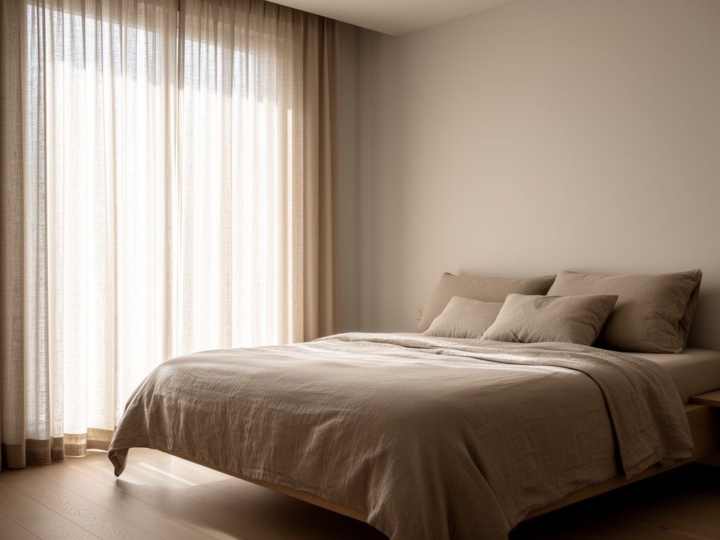 Minimalist bedroom interior with soft natural light filtering through linen curtains onto a neatly made bed with neutral tones