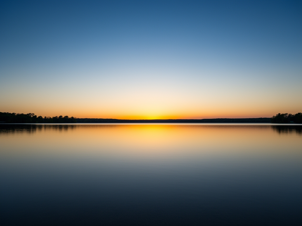 Expansive panoramic view of a tranquil lake at dusk with still water reflecting the last golden light of the horizon and a clear gradating sky